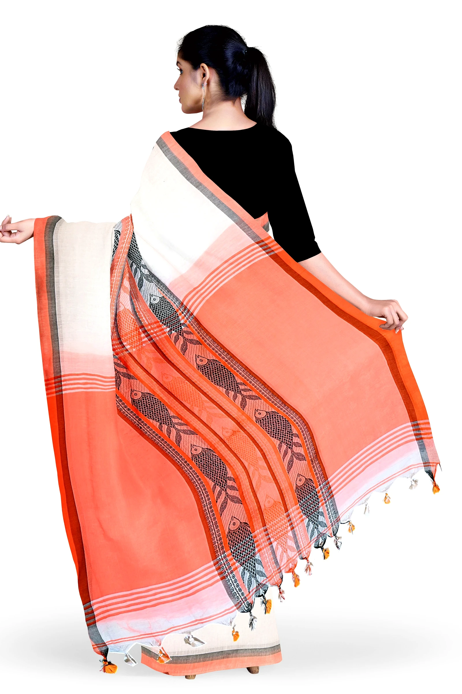 White Orange Pure Cotton Marine Hand Loom Saree (1280)